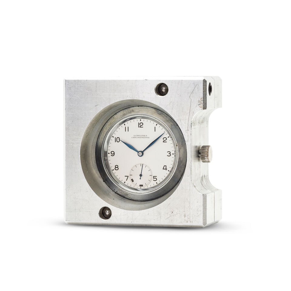 Longines. A rare aluminium block case manual wind observatory chronometer made for competition t...: Longines. A rare aluminium block case manual wind observatory chronometer made for competition trials Longines. Rare chronomètre d'observatoire dans un boîtier en aluminium conçu pour