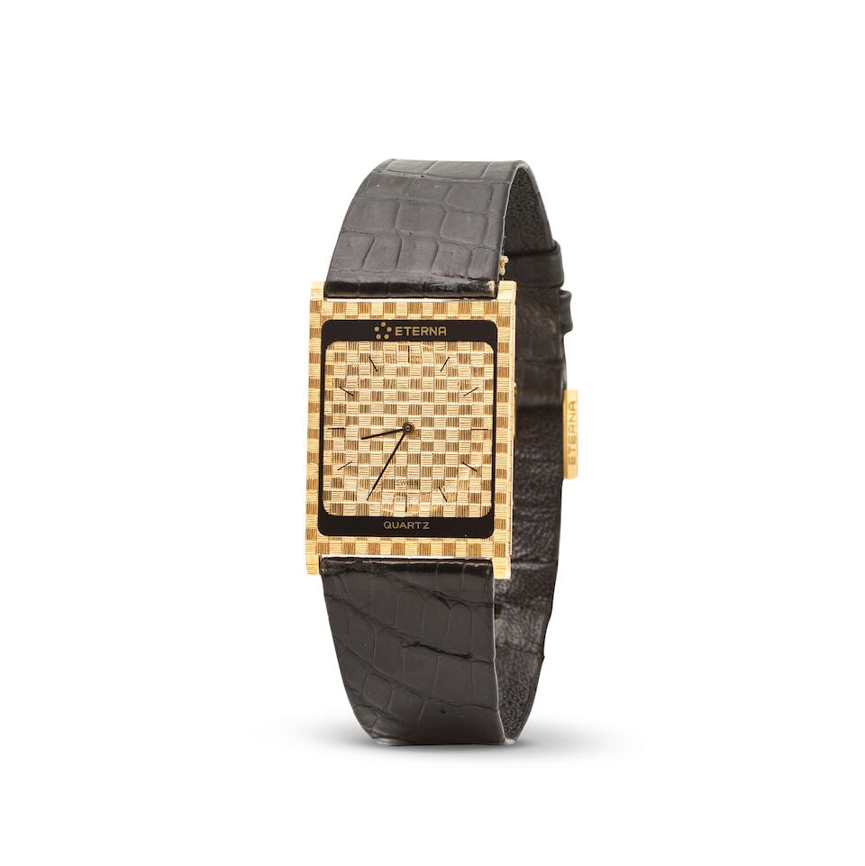 Eterna. An 18K gold quartz rectangular wristwatch Eterna. Montre bracelet rectangulaire en or ja...: Eterna. An 18K gold quartz rectangular wristwatch Eterna. Montre bracelet rectangulaire en or jaune 18K (750) mouvement quartz Model: Delirium Reference: 795-9623-68 Date: Circa 1979 Movement:
