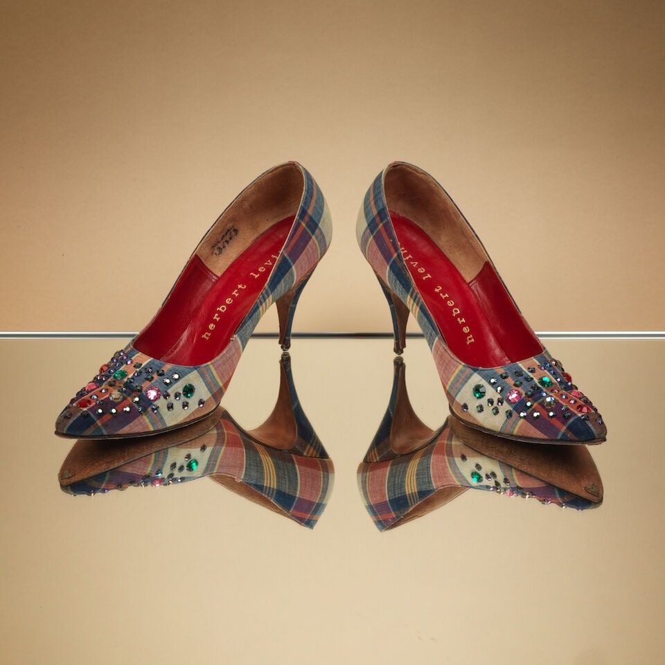 Herbert Levine, circa 1960. Paire d'escarpins en soie tartan et strass multicolore, talon aiguil... (1 of 1)