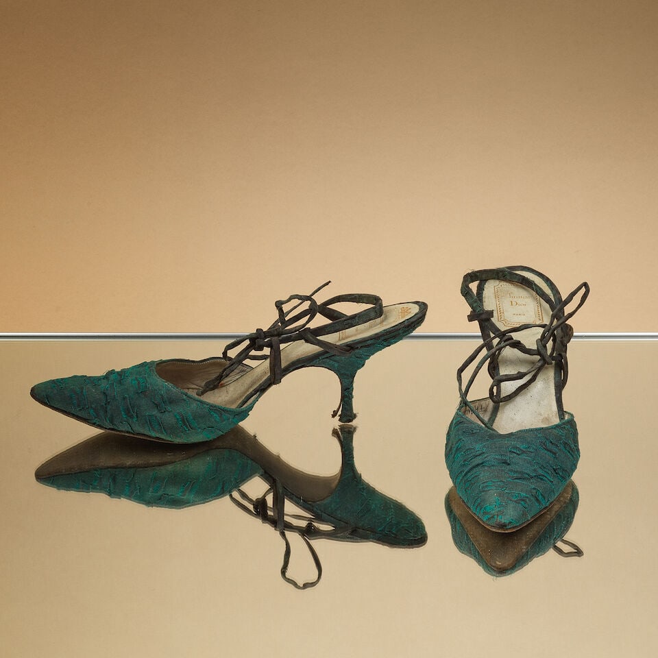 Christian Dior, circa 1960. Paire de sandales à brides du soir en broché turquoise et ... (1 of 1)