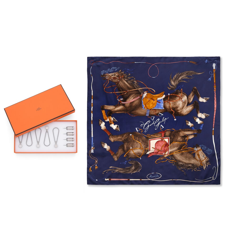 Hermès: a 'Grand Galop' Silk Scarf and a Magnetic Scarf Hanging Kit (Includes boxes) (1 of 3)