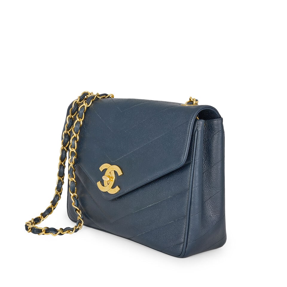 Chanel: a Navy Blue Chevron Quilted Caviar Leather Flap Bag 1994-96 (includes dust bag) - 2