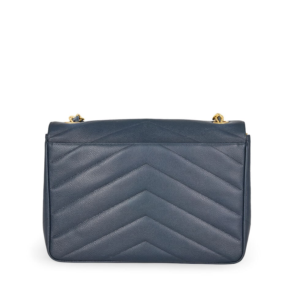 Chanel: a Navy Blue Chevron Quilted Caviar Leather Flap Bag 1994-96 (includes dust bag) - 3