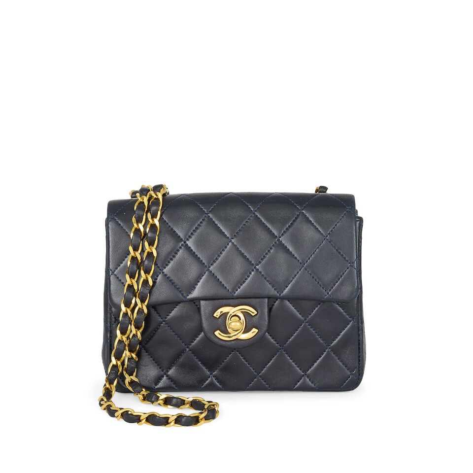 Chanel: a Navy Blue Quilted Lambskin Mini Square Flap Bag 1997-99 (includes serial sticker and d... (1 of 3)