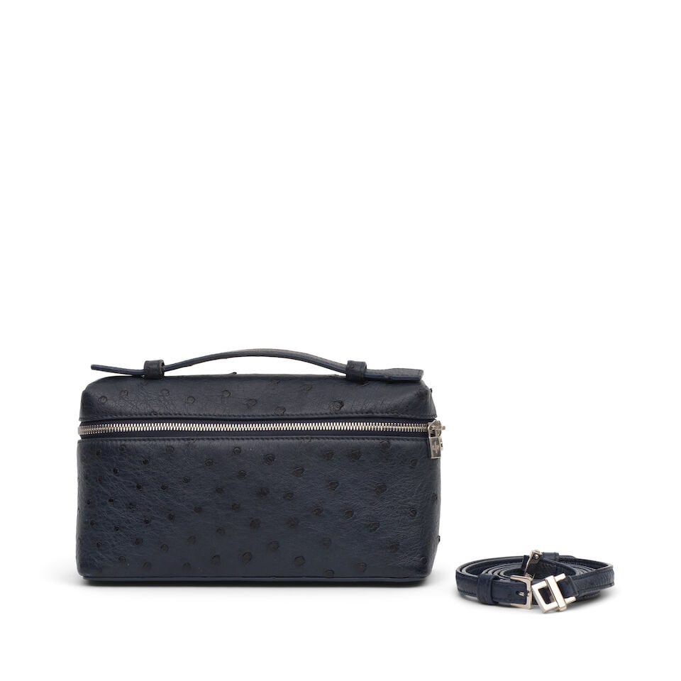Loro Piana: a Blue Ostrich Extra Pocket L19 2023 (includes copy of original receipt and box): Loro Piana: a Blue Ostrich Extra Pocket L19 2023 Deep blue ostrich skin with silver tone hardware, tonal lambskin lining Condition Grade B- 20cm wide, 11cm high, 7cm deep, 3cm handle drop, adjustable 