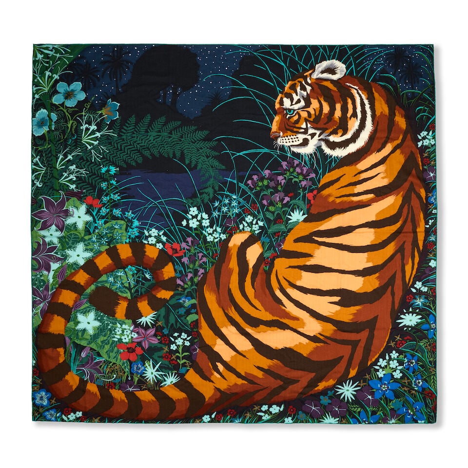 Hermès: a Tyger Tyger Cashmere and Silk Scarf 140 Designed by Alice Shirley, first issued i...: Hermès: a Tyger Tyger Cashmere and Silk Scarf 140 Designed by Alice Shirley, first issued in Autumn 2015 Black and midnight blue ground with jade green border, 70% cashmere, 30% silk Condition Gr