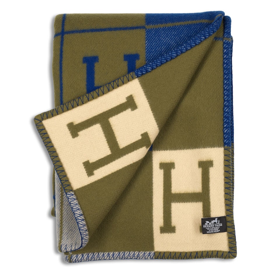 Hermès: a Marine and Khaki Wool & Cashmere Avalon Blanket (includes box) - 2