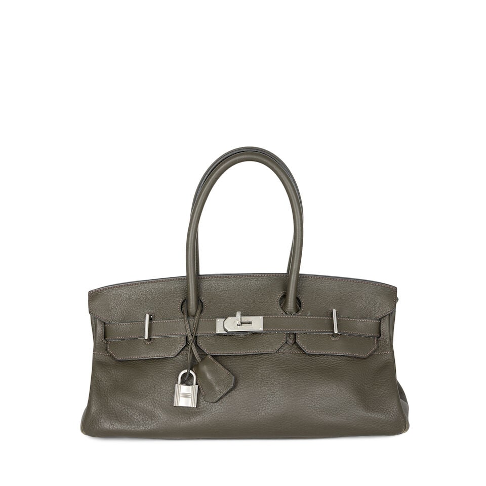 Hermès: a Vert Olive Clemence Leather Shoulder Birkin 42 2005 (includes padlock, keys and c...: Hermès: a Vert Olive Clemence Leather Shoulder Birkin 42 2005 Creative Director: Jean Paul Gaultier Palladium hardware Condition Grade C 42cm wide, 22cm high, 21cm deep, 17cm shoulder drop, inclu