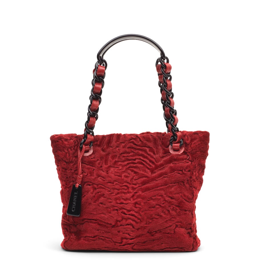 Chanel: a Red Astrakhan Lamb Wool Tote 1997-99 (includes serial sticker, authenticity card and d... (1 of 2)