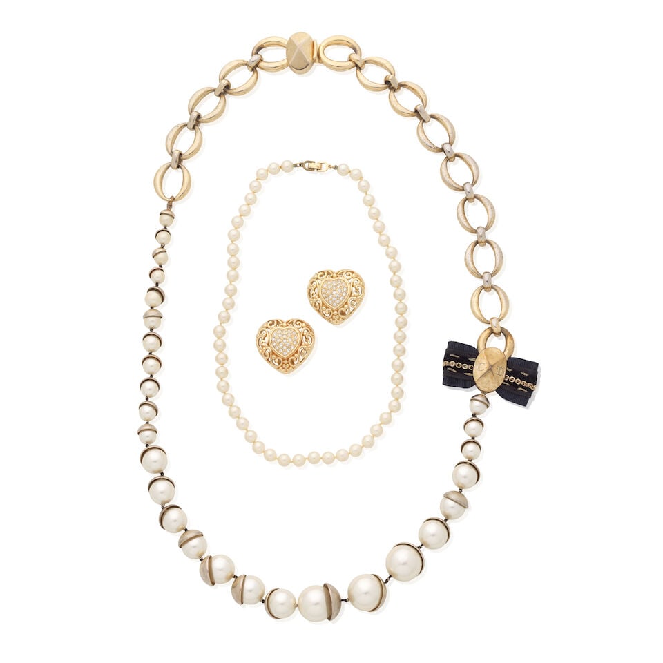 Christian Dior: Two Simulated Pearl Necklaces and a Pair of Ear Clips (1 of 4)
