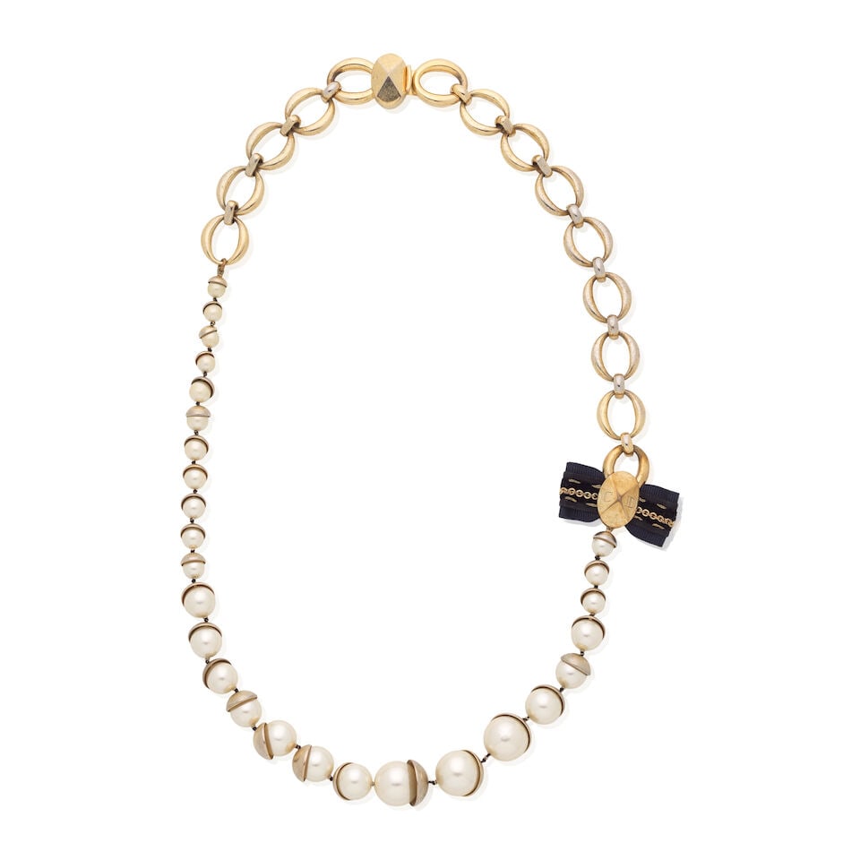 Christian Dior: Two Simulated Pearl Necklaces and a Pair of Ear Clips - 4