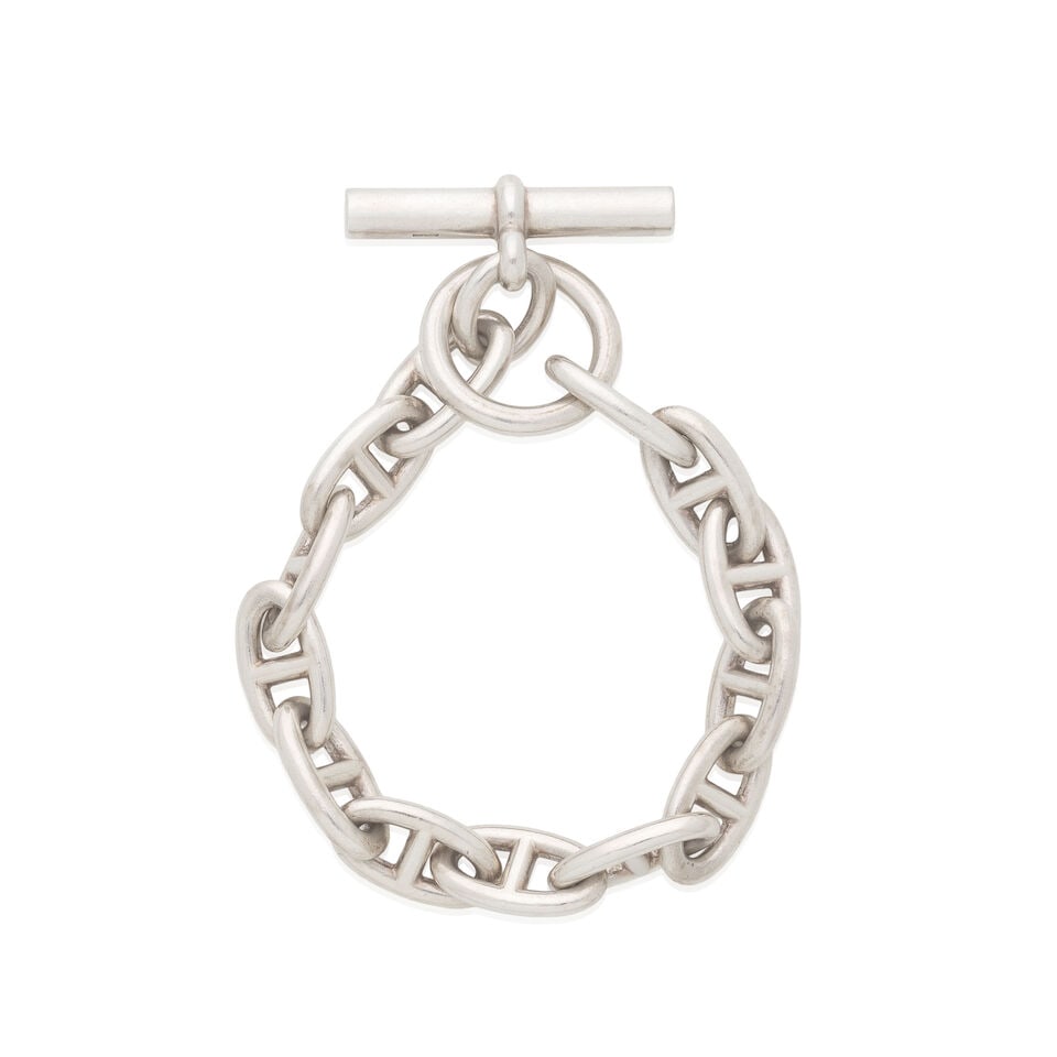 Hermès: a Sterling Silver Chaine d'Ancre Bracelet (includes pouch and box): Hermès: a Sterling Silver Chaine d'Ancre Bracelet Large model with 13 links, stamped '925' Condition Grade B Approx. 19.5cm wrist size, includes pouch and box For further information on this lot 