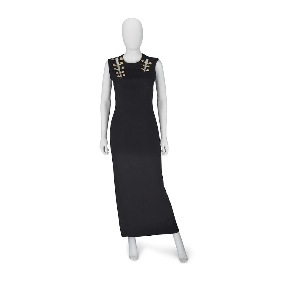 Gianni Versace: a Safety Pin Maxi Dress Spring 1994: Gianni Versace: a Safety Pin Maxi Dress Spring 1994 Gold tone safety pin details to neckline and back, pins gilt with Medusa head detail and some encrusted with crystals, bust lightly padded Condition