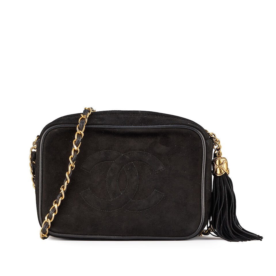 Chanel: a Black Suede Tassel Camera Bag 1989-91 (includes serial sticker, authenticity card and ... - 2