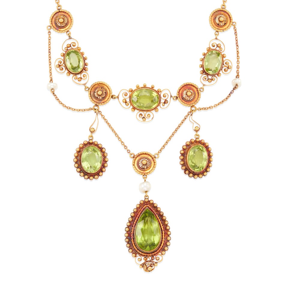 ANTIQUE GOLD, PERIDOT AND CULTURED PEARL FESTOON NECKLACE (1 of 3)
