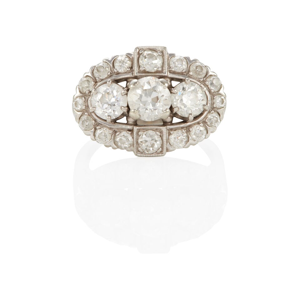 ANTIQUE 14K GOLD AND DIAMOND RING: ANTIQUE 14K GOLD AND DIAMOND RING • 14k white gold • Numerous round diamonds weighing approximately 1.70 - 1.80 carats total • Size 6 1/4 • Estimated gross weight: 6.2 grams Fo
