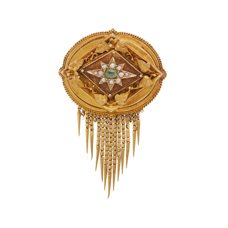 VICTORIAN GOLD MOURNING BROOCH/PENDANT: VICTORIAN GOLD MOURNING BROOCH/PENDANT • 18k yellow gold • Numerous near-round cultured pearls 1.70 - 2.30 mm • 1 rectangular green stone • Measures • Estimated gross wei