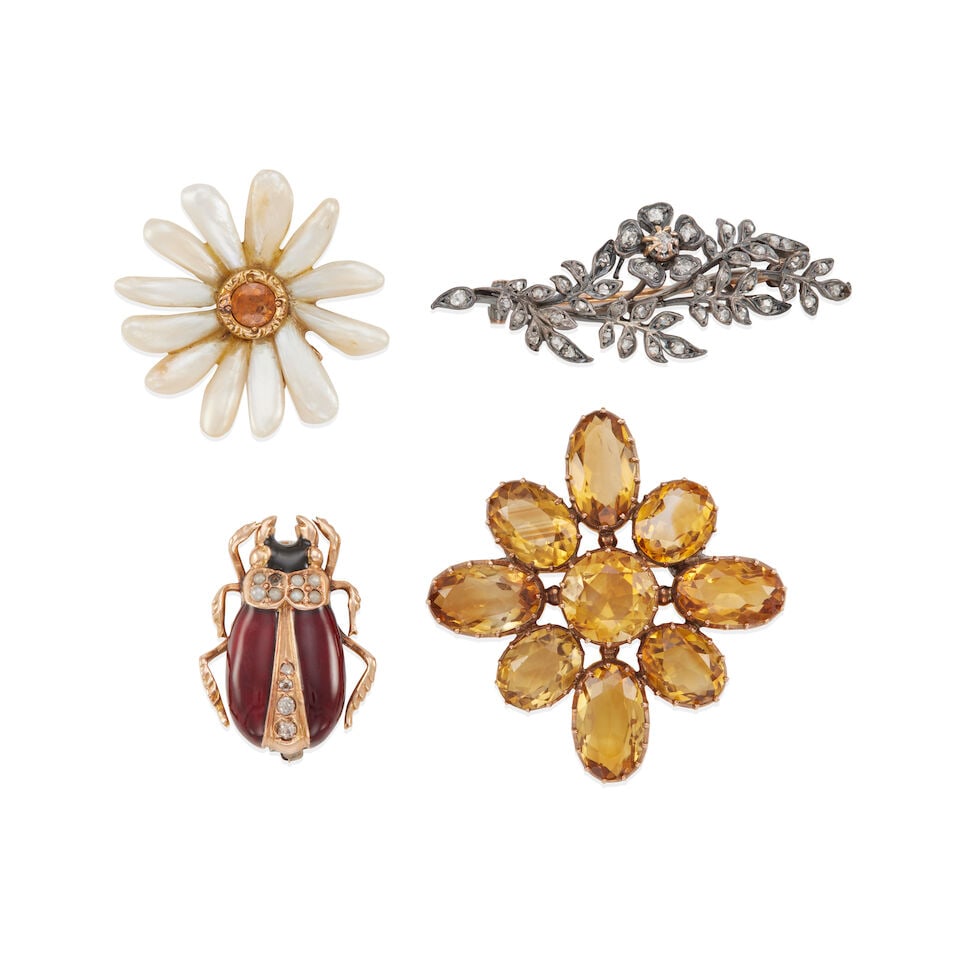 GROUP OF ANTIQUE BROOCHES: GROUP OF ANTIQUE BROOCHES • One 12k gold and enamel beetle pendant/brooch, with 7 round cultured pearls (one missing), 3 old mine-cut and 1 rose-cut diamonds, estimated diamond weight 0.10 carat
