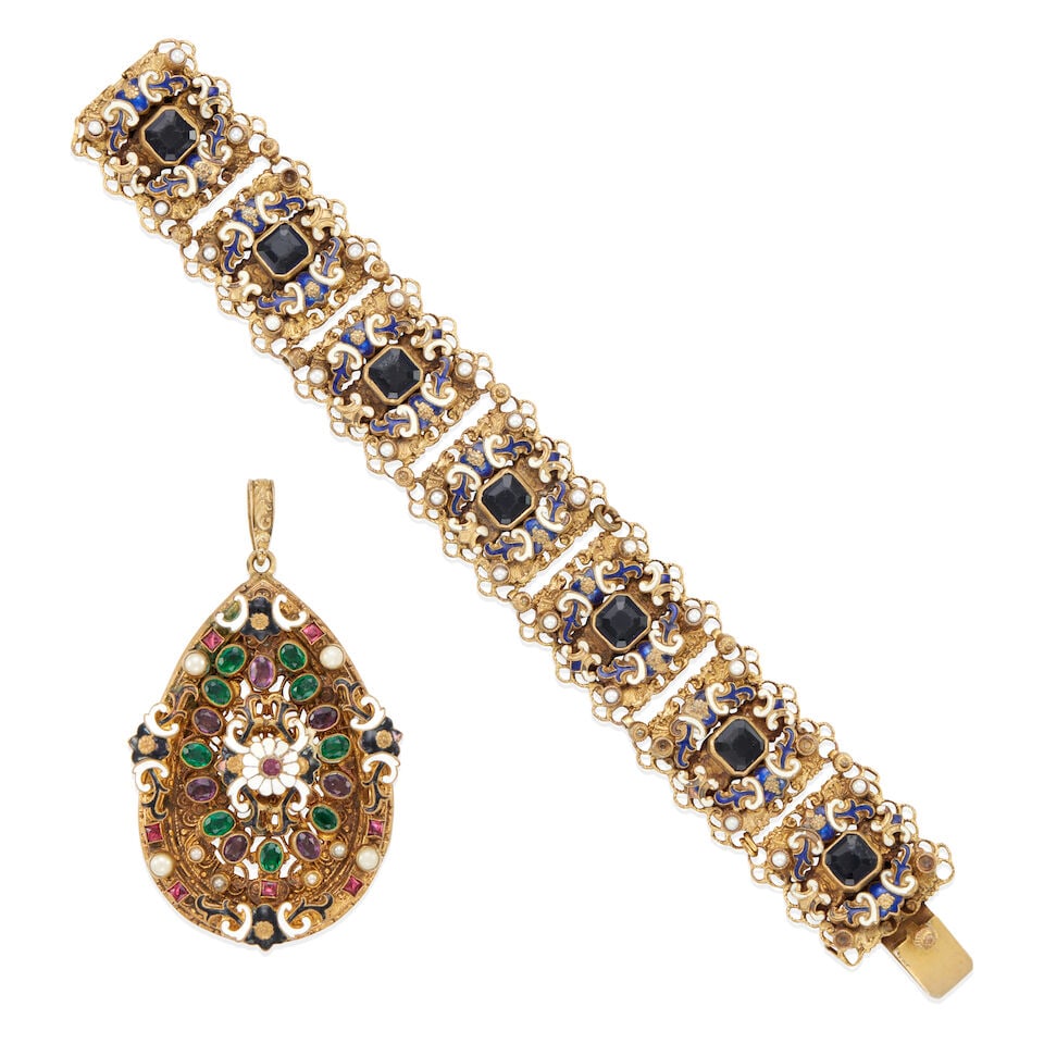 GROUP OF AUSTRO-HUNGARIAN BASE METAL AND MULTI-GEM JEWELRY: GROUP OF AUSTRO-HUNGARIAN BASE METAL AND MULTI-GEM JEWELRY •Gold-tone base metal pendant with 16 oval and 1 round green and violet glass stones measuring approximately 4.50 x 3.00 mm in