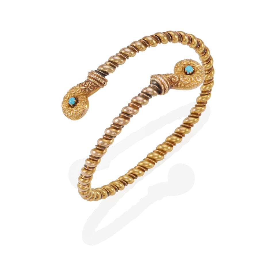 VICTORIAN GOLD AND TURQUOISE CUFF BRACELET: VICTORIAN GOLD AND TURQUOISE CUFF BRACELET • 14k yellow gold • 2 round cabochon turquoise measuring approximately 2.88 - 2.93 mm • Inner circumference 6 in. at smallest, expandable &