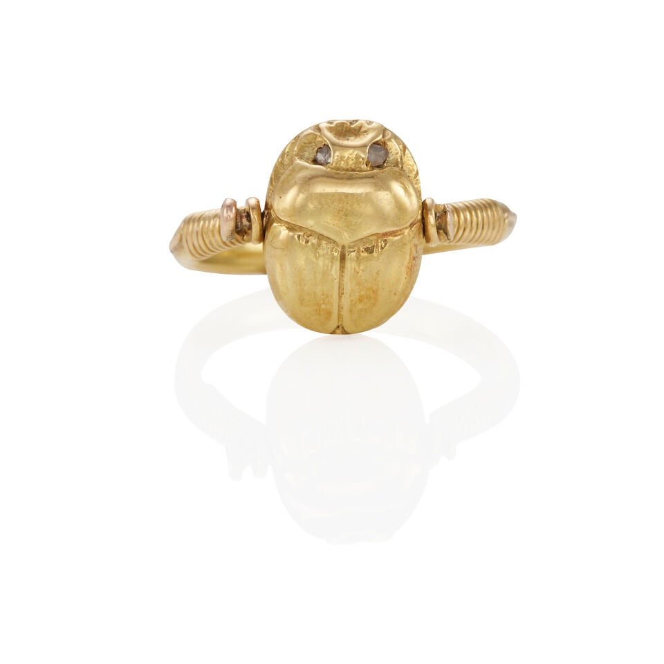 VICTORIAN 18K GOLD 'POISON' SCARAB RING: VICTORIAN 18K GOLD 'POISON' SCARAB RING • 18k yellow gold • French assay mark • Maker's mark • 2 diamond chip accents • Size 4 • Estimated gross weight: 5.6