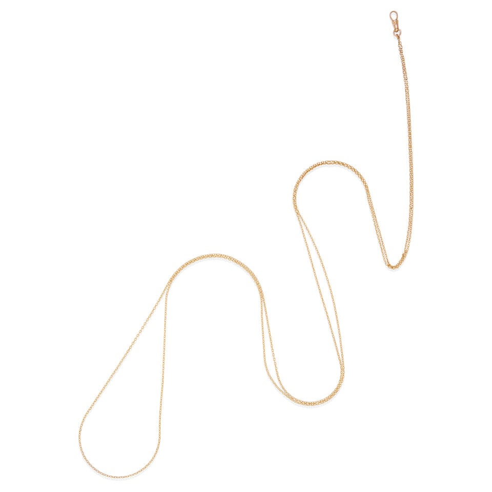 ANTIQUE GOLD GAURD CHAIN: ANTIQUE GOLD GAURD CHAIN • 14k rose gold clip, 18k yellow gold chain • Length 32 in. (64 in. total) • Estimated gross weight: 13.5 grams Footnotes: Overall condition, good Metal