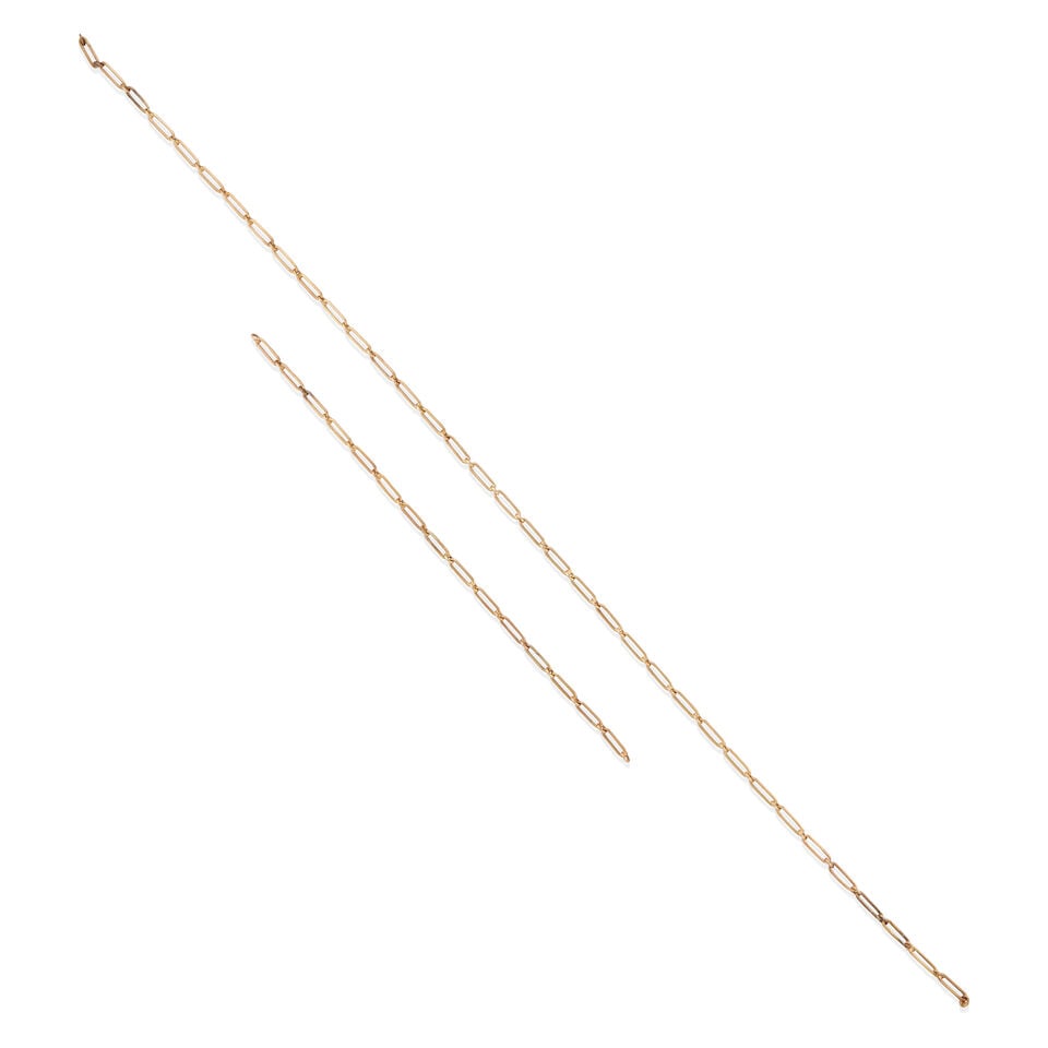 ANTIQUE GOLD WATCH CHAIN PARTS: ANTIQUE GOLD WATCH CHAIN PARTS • 10k - 14k yellow gold • Broken into 3 separate pieces • Length 13 1/2, 6 3/4, 2 1/2 in. • Estimated gross weight: 14.7 grams Footnotes: Overall