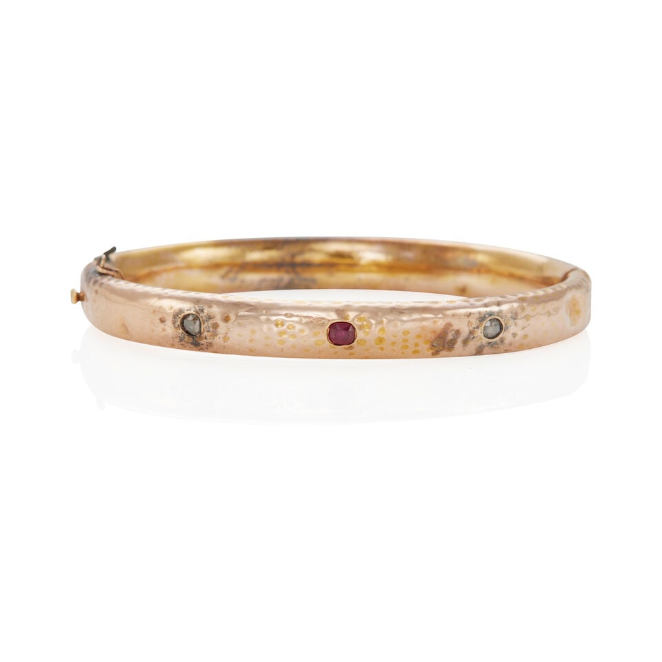 ANTIQUE 14K GOLD BANGLE WITH GEMSTONES - 2