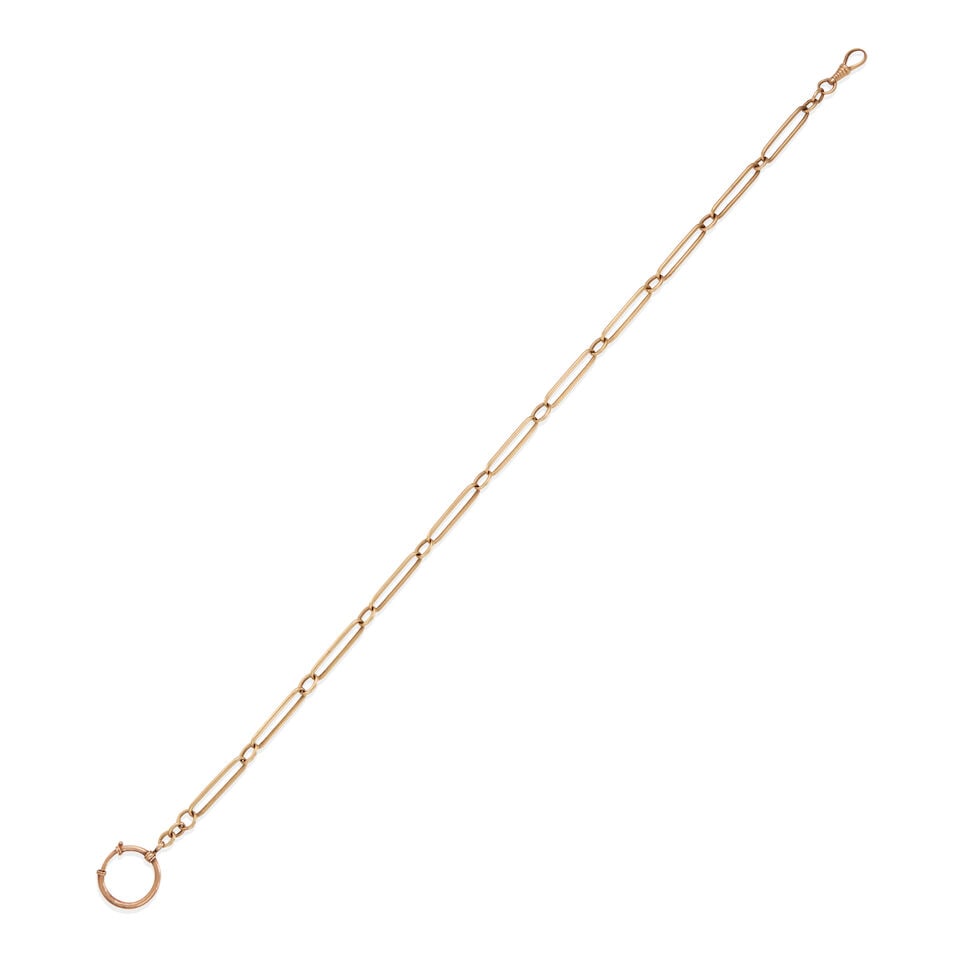 ANTIQUE GOLD POCKET WATCH CHAIN: ANTIQUE GOLD POCKET WATCH CHAIN • 14k rose gold, clasp is 9k rose gold • Length 15 in • Estimated gross weight: 23.8 grams Footnotes: Overall condition, good Metal tested for 14k gol
