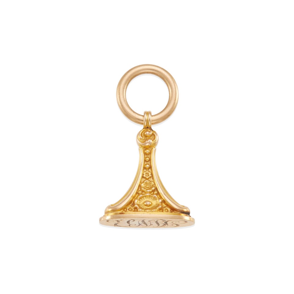 VICTORIAN 14K GOLD SEAL FOB: VICTORIAN 14K GOLD SEAL FOB • 14k yellow gold • Personal monogram • Measures 1 1/2 x 1 in. • Estimated gross weight: 7.1 grams Footnotes: Overall condition, good Metal tested