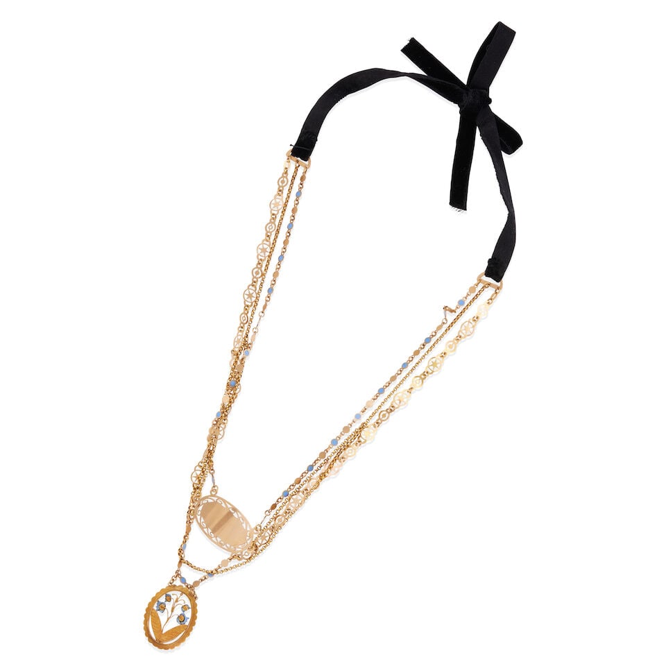 VICTORIAN 14K GOLD, ENAMEL AND VELVET NECKLACE - 2