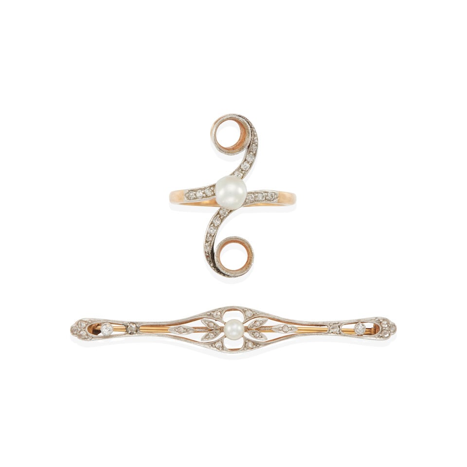BELLE EPOQUE ERA PLATINUM TOPPED 14K GOLD, PEARL, AND DIAMOND RING AND BROOCH: BELLE EPOQUE ERA PLATINUM TOPPED 14K GOLD, PEARL, AND DIAMOND RING AND BROOCH •Platinum topped 14k yellow gold ring with 1 semi-spherical half-drilled pearl measuring approximately 5.60 mm and