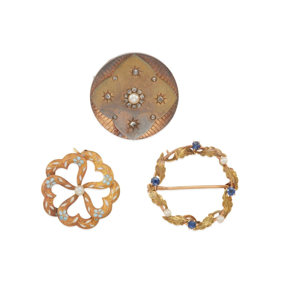 GROUP OF THREE ANTIQUE BROOCHES: GROUP OF THREE ANTIQUE BROOCHES • 18k white gold • One brooch of 14k - 18k yellow and rose gold with 1 round cultured pearl measuring approximately 3.57 mm and numerous rose-cut and diamon