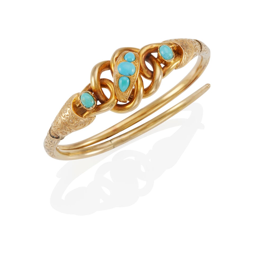 VICTORIAN GOLD AND TURQUOISE BRACELET: VICTORIAN GOLD AND TURQUOISE BRACELET • 13k - 14k yellow gold • 5 turquoise cabochons measuring approximately 5.24 - 5.35 mm • Inner circumference 6 in. • Estimated gross weigh