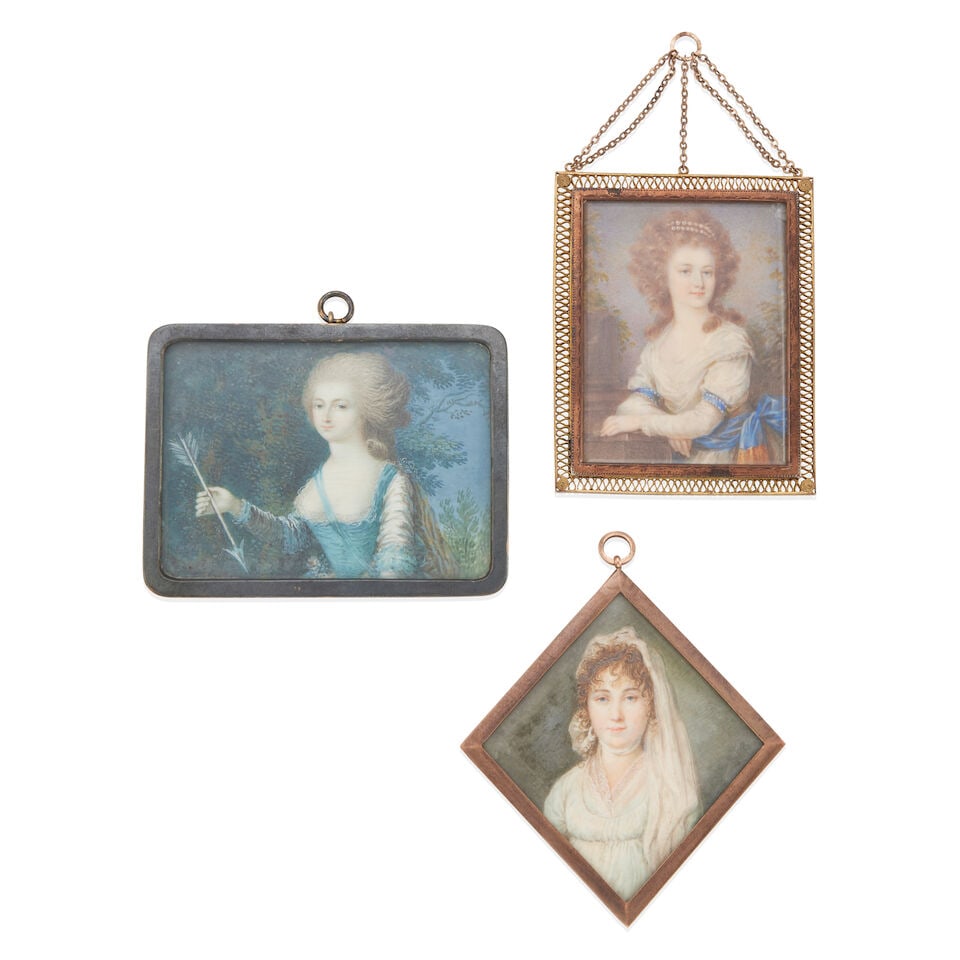 ANTIQUE GROUP OF PAINTED PORTRAITS: ANTIQUE GROUP OF PAINTED PORTRAITS • Base metal frames • Painted portraits of 3 women • Dimensions 3 1/8 x 2 1/4 in., 2 7/8 x 2 1/4 in, 3 1/8 x 2 1/4 in. • Estimated gross
