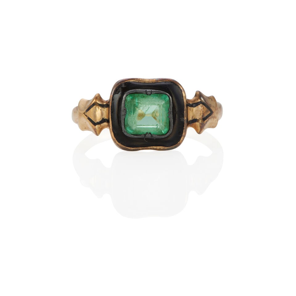 GEORGIAN 14K GOLD, EMERALD AND ENAMEL RING: GEORGIAN 14K GOLD, EMERALD AND ENAMEL RING • 14k yellow gold • 1 rectangular emerald weighing approximately 0.20 - 0.30 carat total • Black enamel element • Size 6 1/2 •