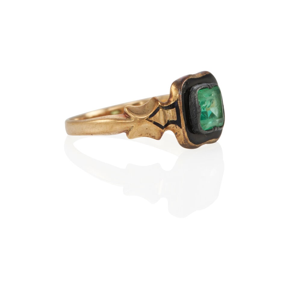 GEORGIAN 14K GOLD, EMERALD AND ENAMEL RING - 2