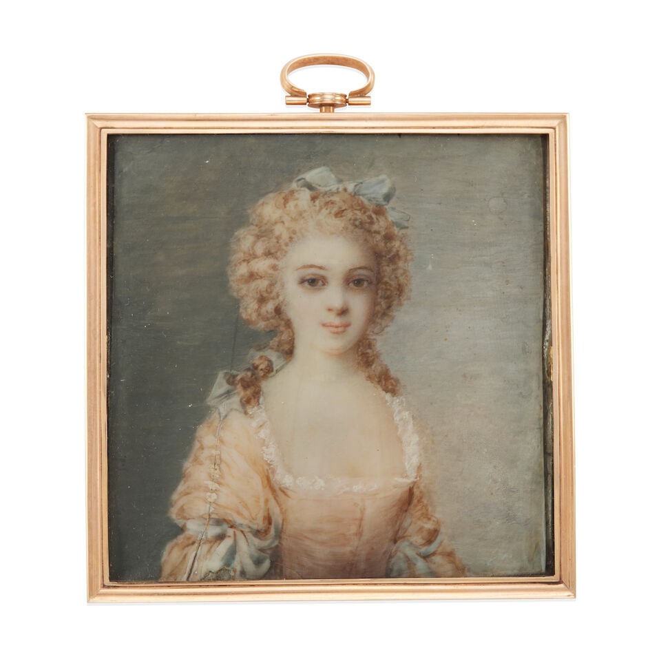 ANTIQUE 14K GOLD FRAMED GUILLOCHE PAINTED PORTRAIT: ANTIQUE 14K GOLD FRAMED GUILLOCHE PAINTED PORTRAIT • 14k yellow gold • Backed by blue guilloche enamel • 1 oval ruby stated to weigh 1.77 carat • Painted portrait of a