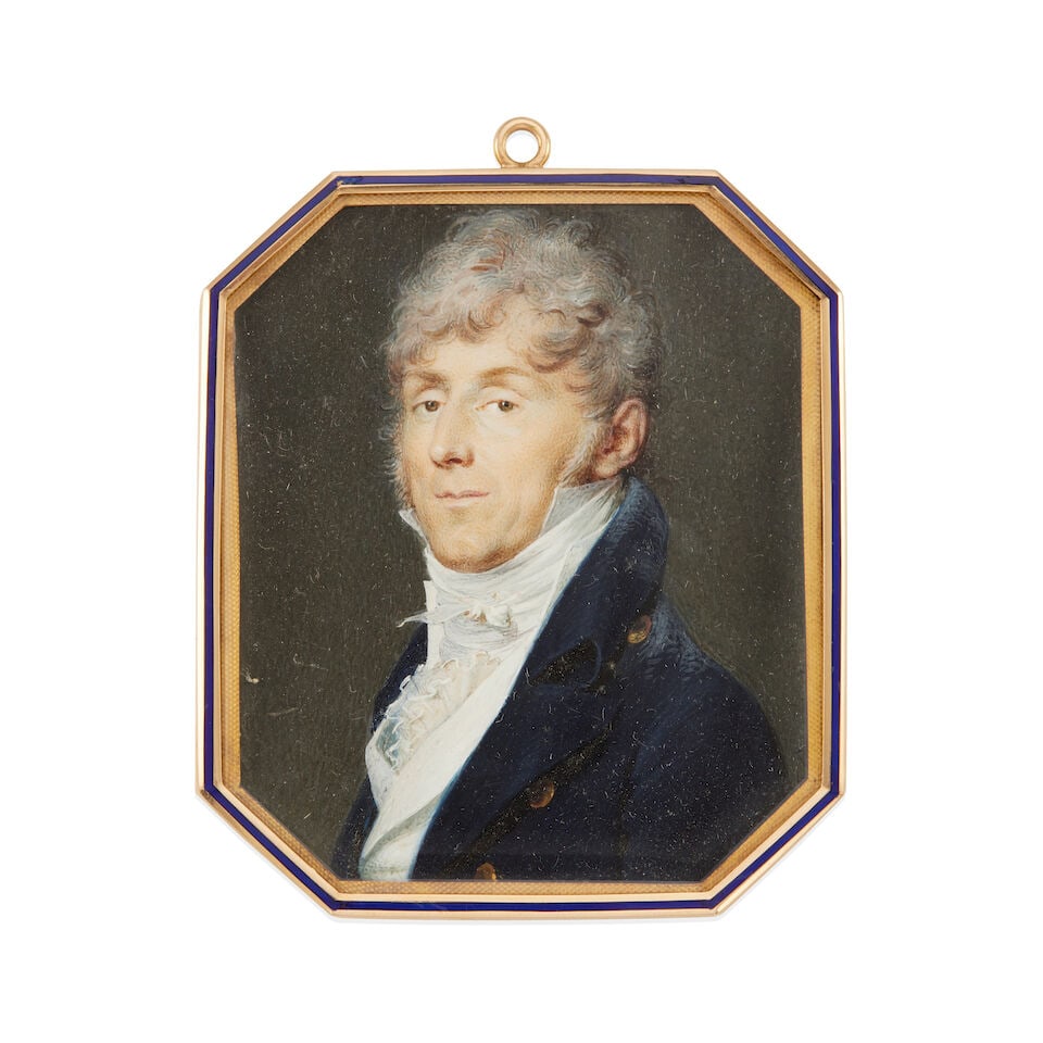 ANTIQUE 18K GOLD FRAMED PORTRAIT: ANTIQUE 18K GOLD FRAMED PORTRAIT • 18k rose gold • Blue enamel border • Painted male portrait • Measures 2 7/8 x 2 1/4 in. • Estimated gross weight: 49.0