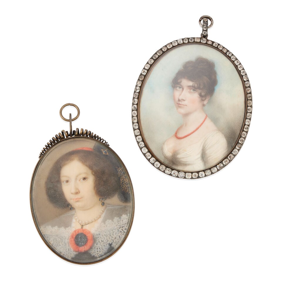 TWO ANTIQUE SILVER FRAMED PAINTED PORTRAITS: TWO ANTIQUE SILVER FRAMED PAINTED PORTRAITS • One portrait of silver with round paste stones, measures 3 1/2 x 2 3/4 in. • One portrait of silver with fitted box, measures 3 1/4 x 2 1/2