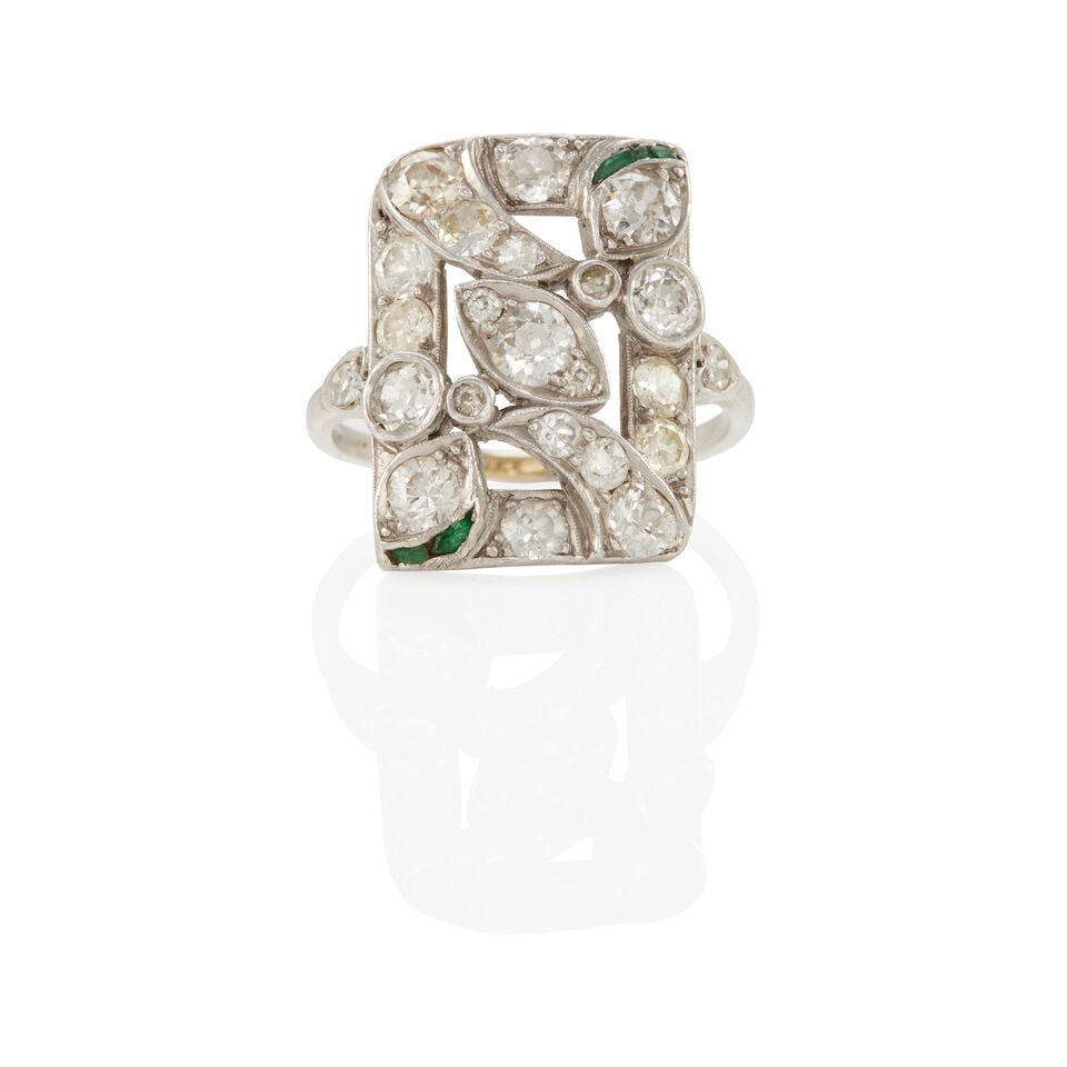 ANTIQUE PLATINUM, EMERALD, AND DIAMOND RING: ANTIQUE PLATINUM, EMERALD, AND DIAMOND RING • Platinum • Various round diamonds weighing approximately 1.20 - 1.30 carats total • 4 rectangular-shaped emeralds • Size 6 1/4 