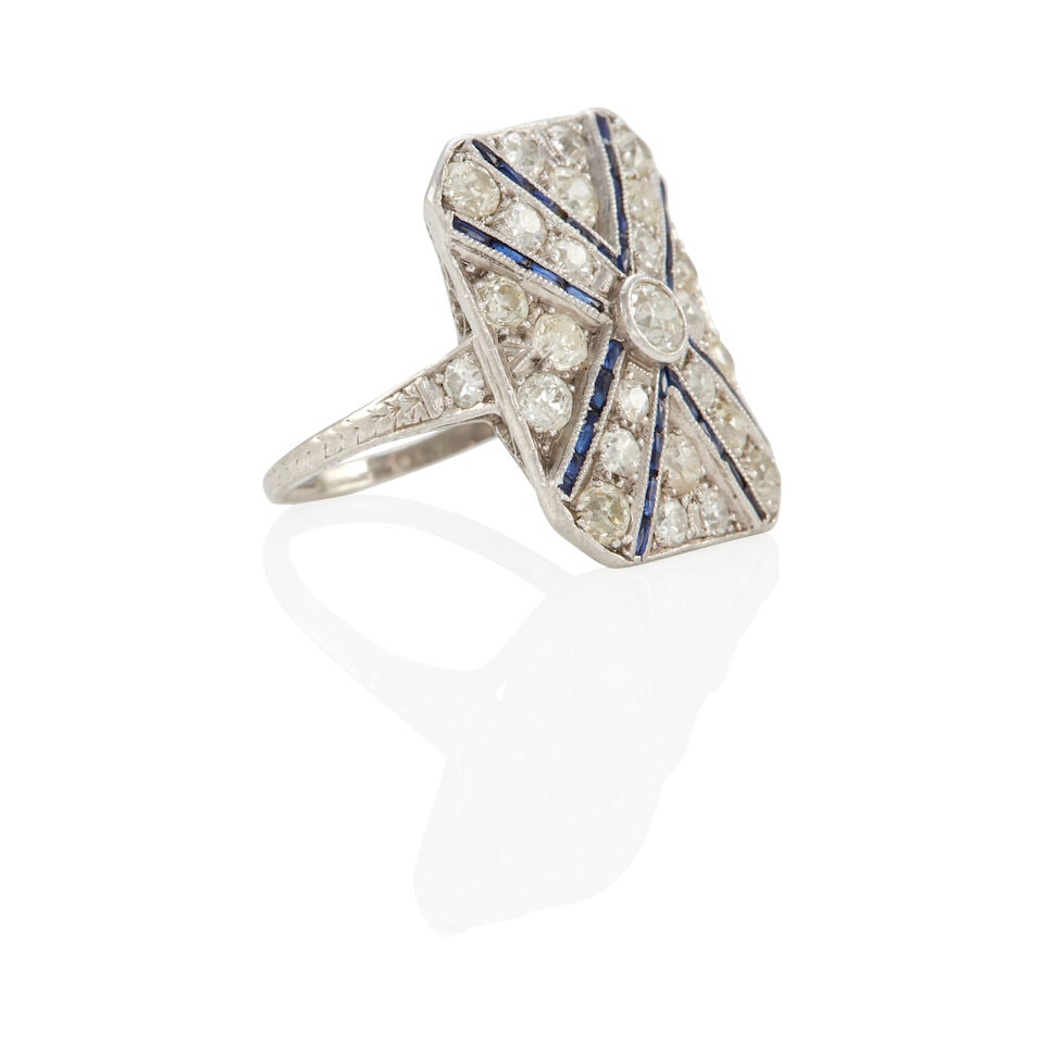 ANTIQUE PLATINUM, DIAMOND, AND SAPPHIRE RING - 2