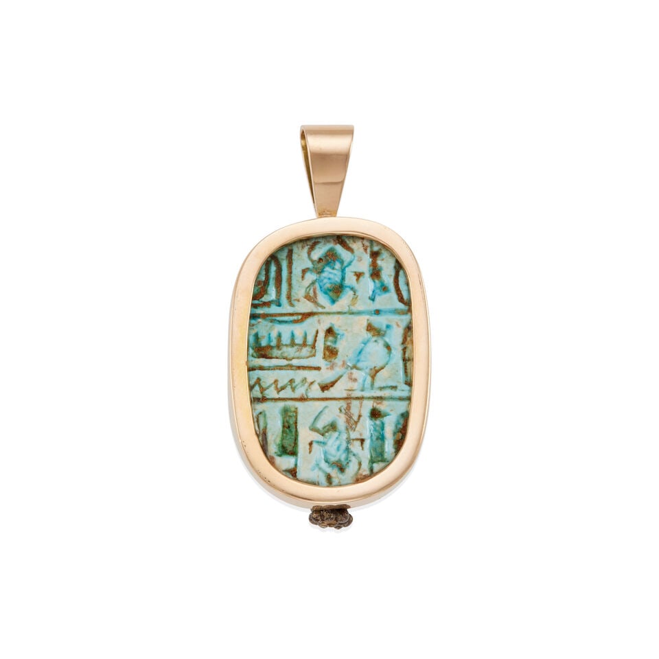 VINTAGE 14K GOLD EGYPTIAN FAIENCE PENDANT - 2