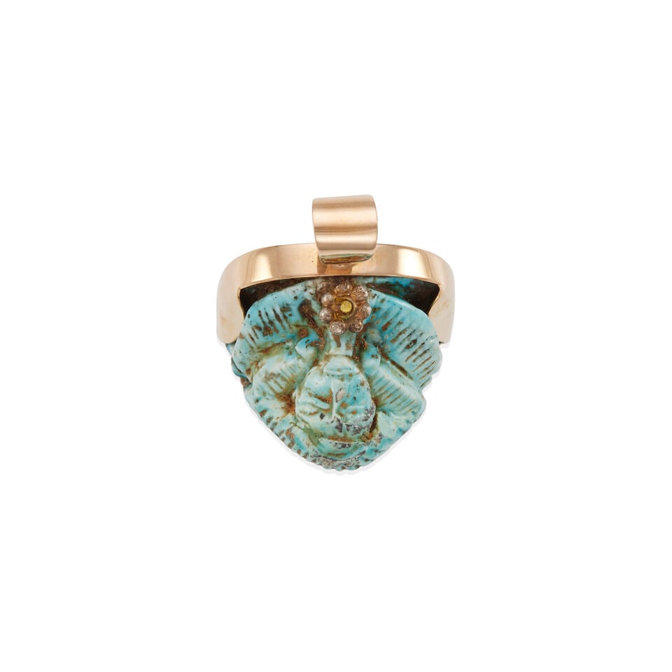 VINTAGE 14K GOLD EGYPTIAN FAIENCE PENDANT - 3