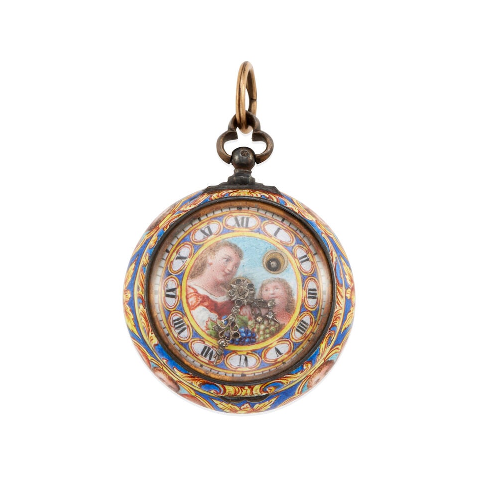 ANTIQUE PAINTED PENDANT WATCH: ANTIQUE PAINTED PENDANT WATCH • Base metal • Numerous painted scenes • measures 1 3/4 x 1 1/2 in. • Estimated gross weight: 42.0 grams Footnotes: Overall condition, good Metal