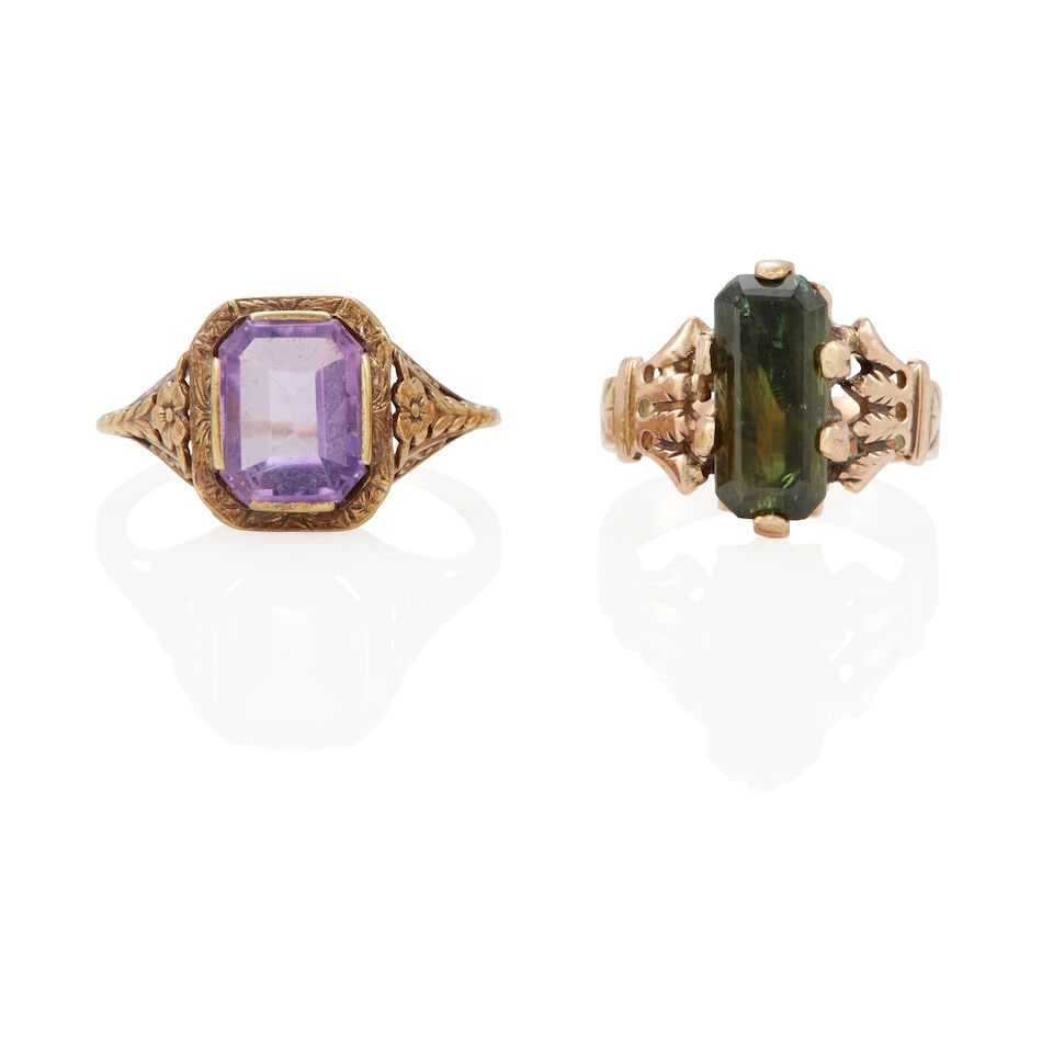 TWO ANTIQUE GOLD, AMETHYST AND SAPPHIRE RINGS: TWO ANTIQUE GOLD, AMETHYST AND SAPPHIRE RINGS •14k yellow gold ring with 1 rectangular amethyst weighing approximately 2.45 carats total (9.48 x 8.00 x 4.61 mm), size: 10 ½ •10k pink