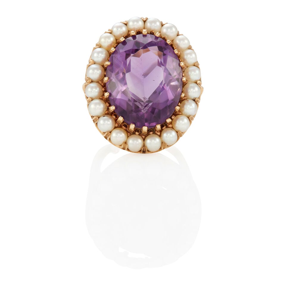 VINTAGE 13K GOLD, AMETHYST AND CULTURED PEARL RING: VINTAGE 13K GOLD, AMETHYST AND CULTURED PEARL RING • 13k yellow gold • Numerous round cultured pearls measuring approximately 3.30 - 3.60 mm • 1 oval aquamarine weighing approximatel