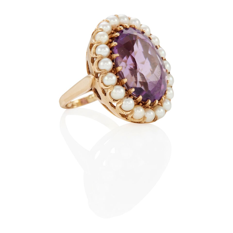 VINTAGE 13K GOLD, AMETHYST AND CULTURED PEARL RING - 2