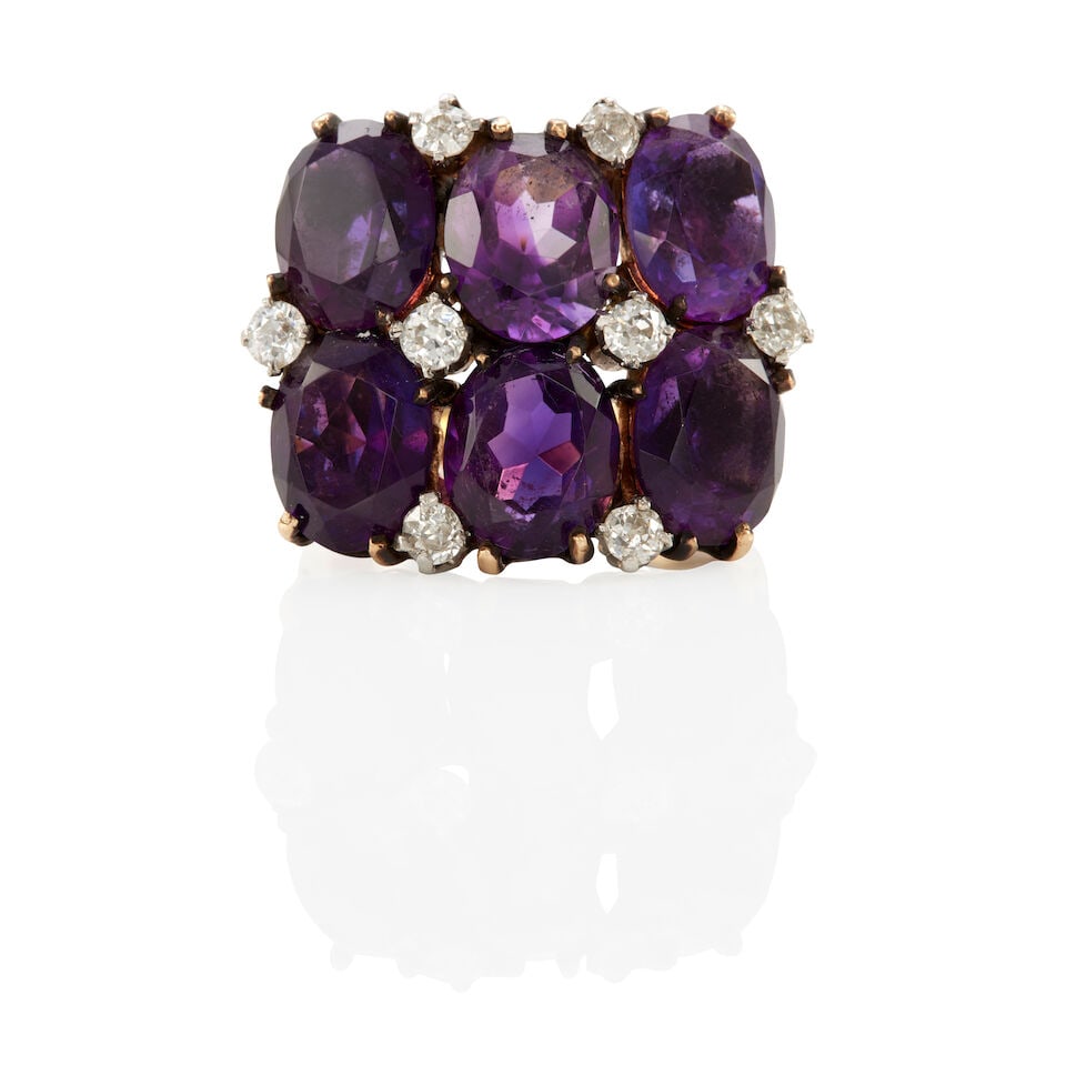 VINTAGE 14K GOLD, AMETHYST AND DIAMOND RING: VINTAGE 14K GOLD, AMETHYST AND DIAMOND RING • 14k yellow and white gold • 8 old mine/European cut diamonds weighing approximately 0.95 - 1.05 carat total • 6 oval amethysts weighing