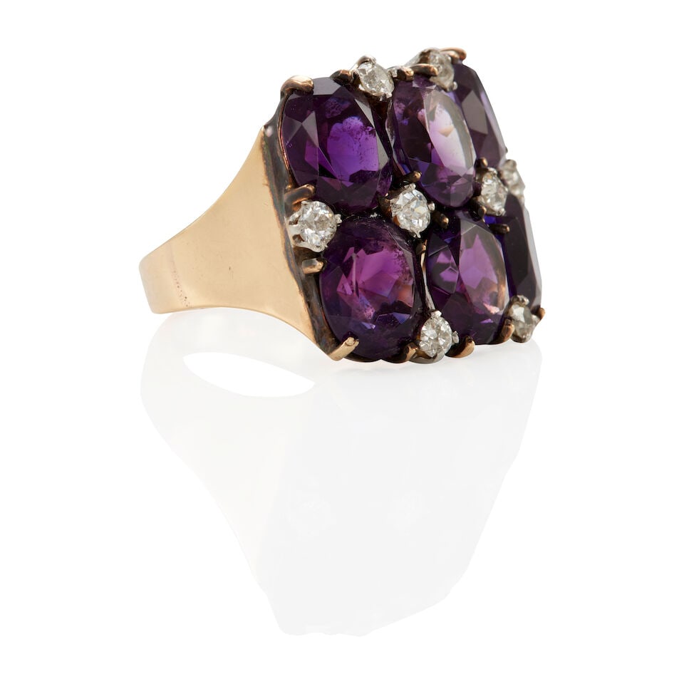 VINTAGE 14K GOLD, AMETHYST AND DIAMOND RING - 2